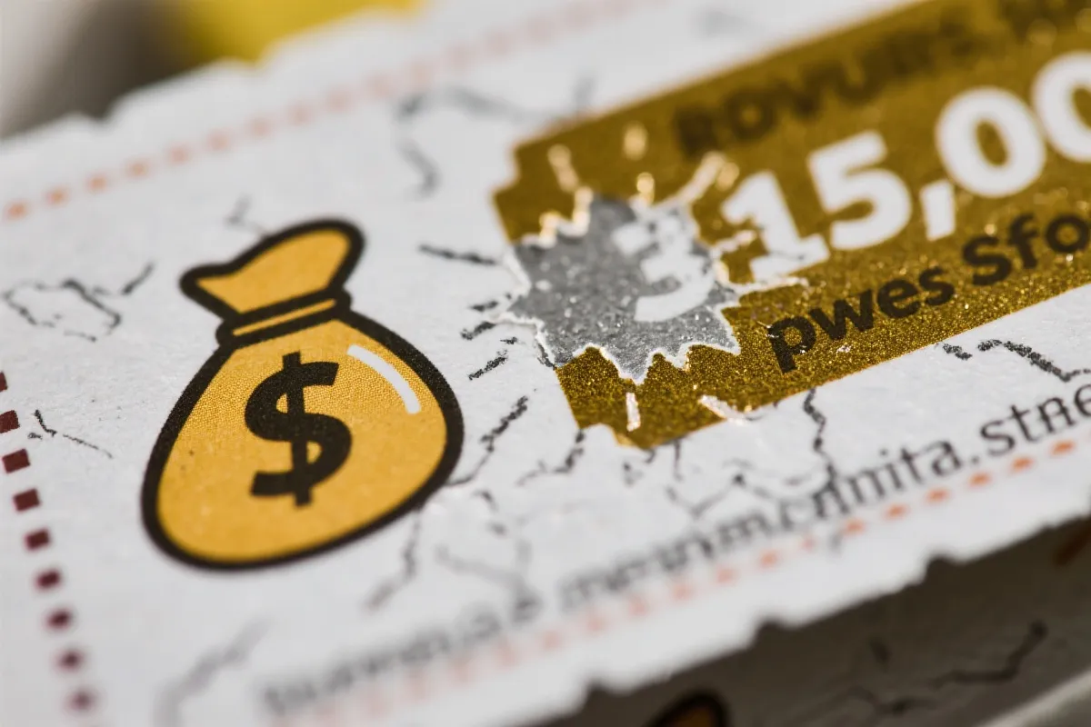 刮刮乐票面特写，钱袋符号与大奖数字显现